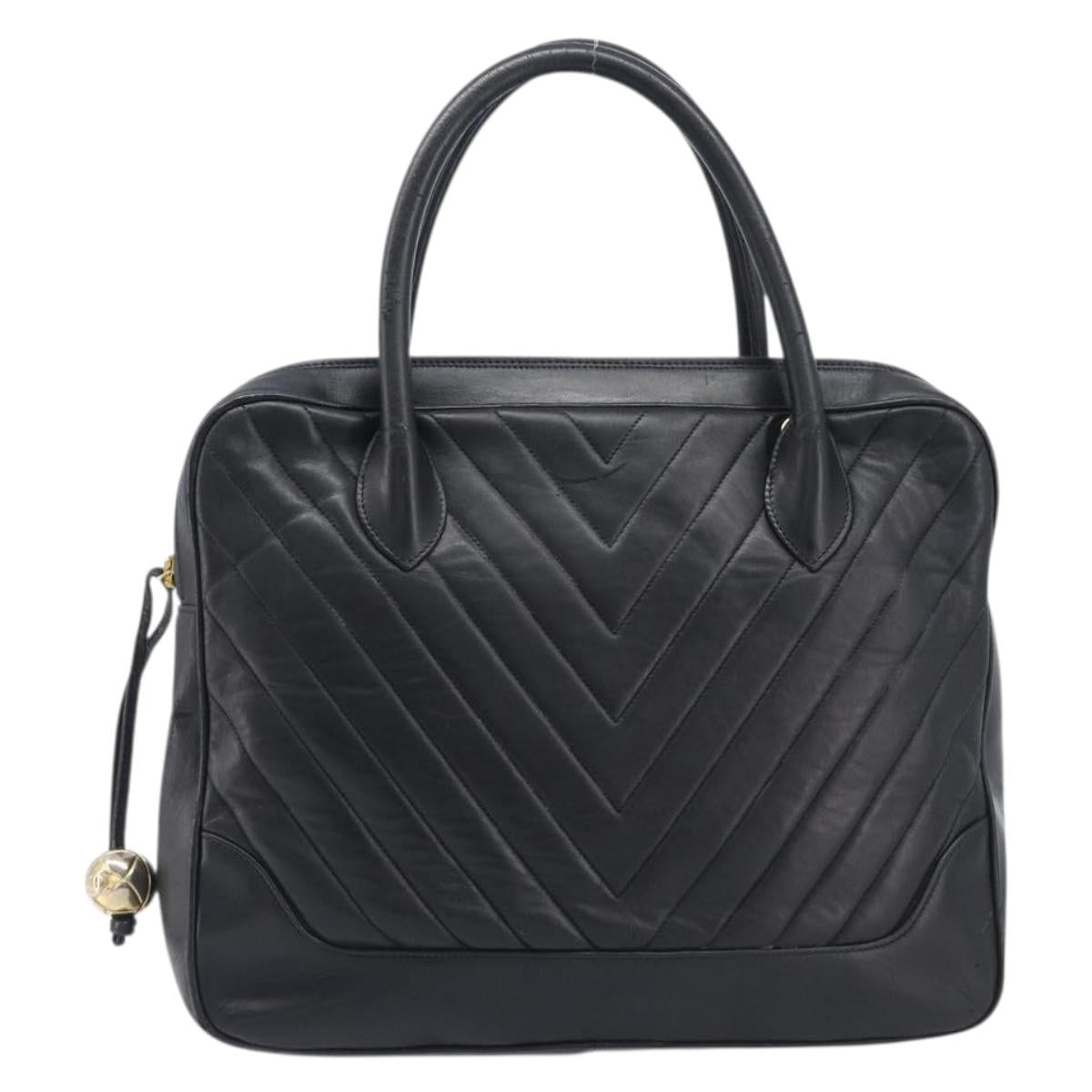 CHANEL V Stitch Hand Bag Leather Black Gold Tone CC Auth bs37749