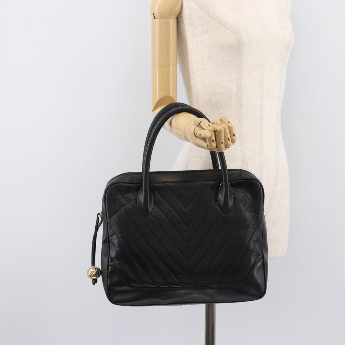 CHANEL V Stitch Hand Bag Leather Black Gold Tone CC Auth bs37749