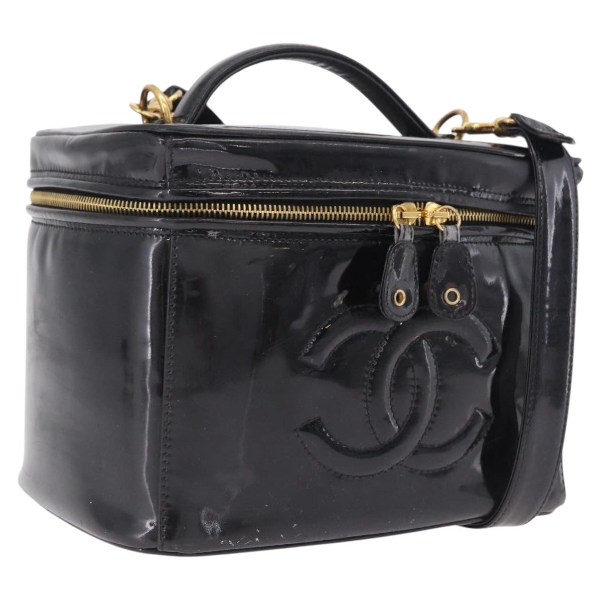 CHANEL Vanity Cosmetic Pouch Patent 2way Black Gold Tone CC Auth bs37755