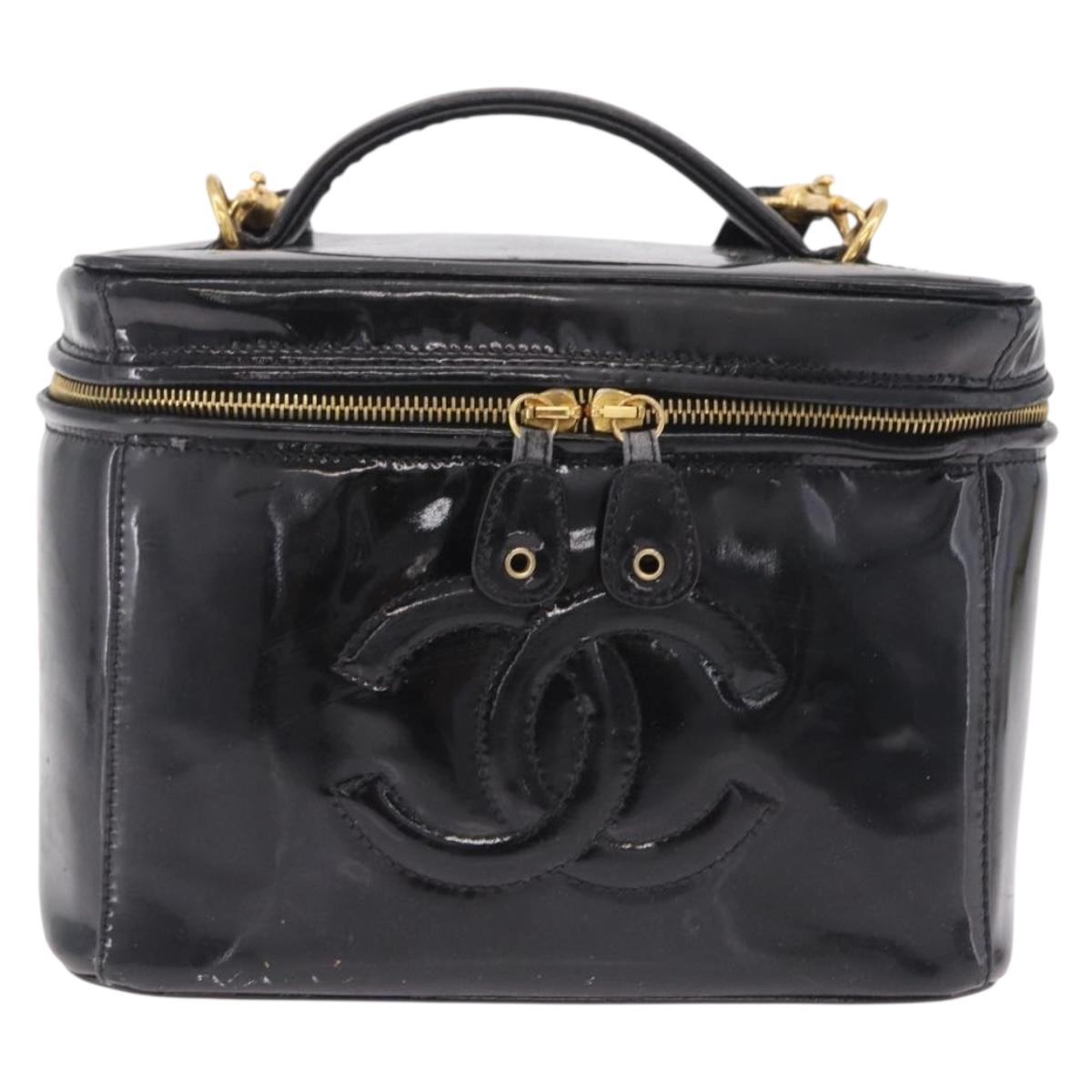 CHANEL Vanity Cosmetic Pouch Patent 2way Black Gold Tone CC Auth bs37755