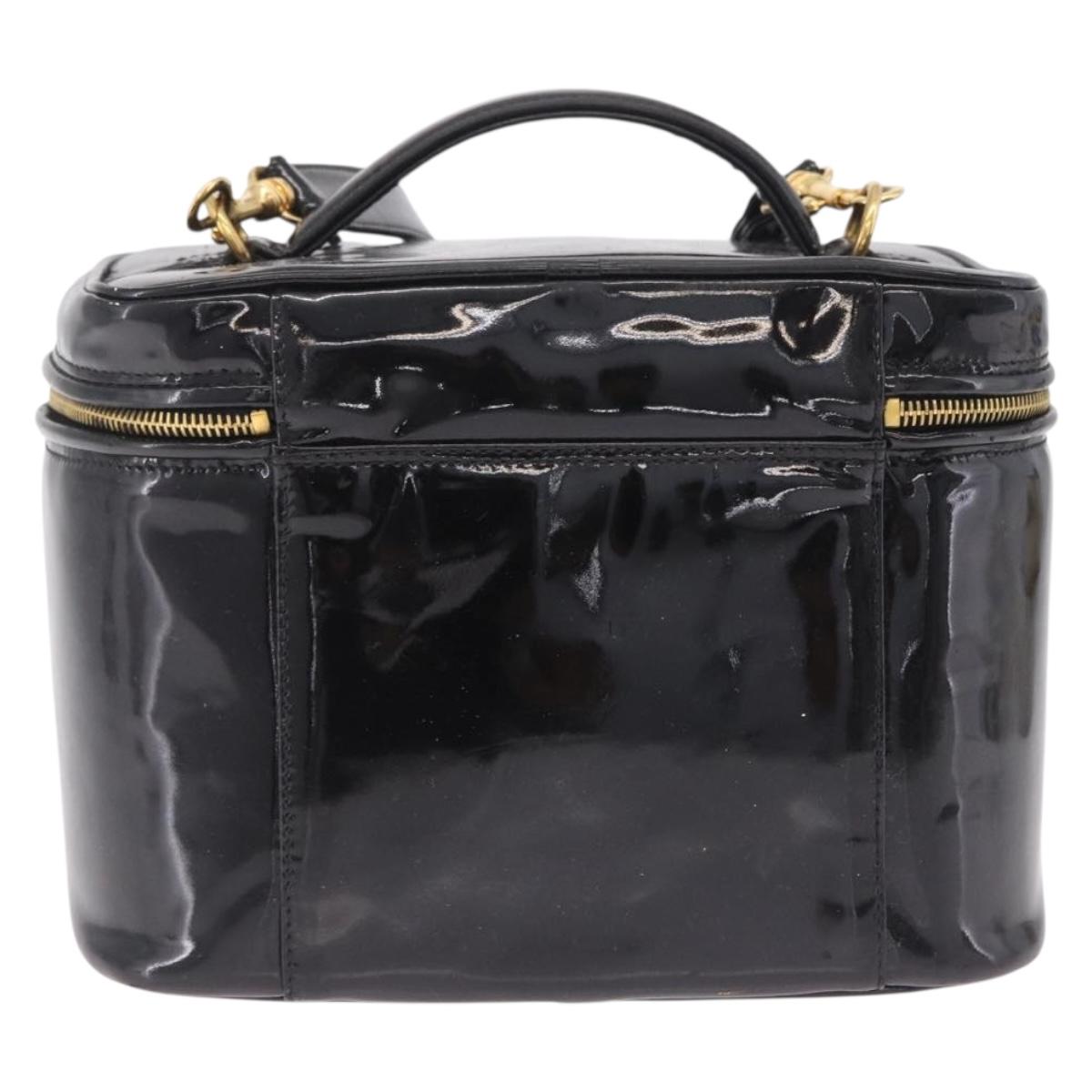 CHANEL Vanity Cosmetic Pouch Patent 2way Black Gold Tone CC Auth bs37755