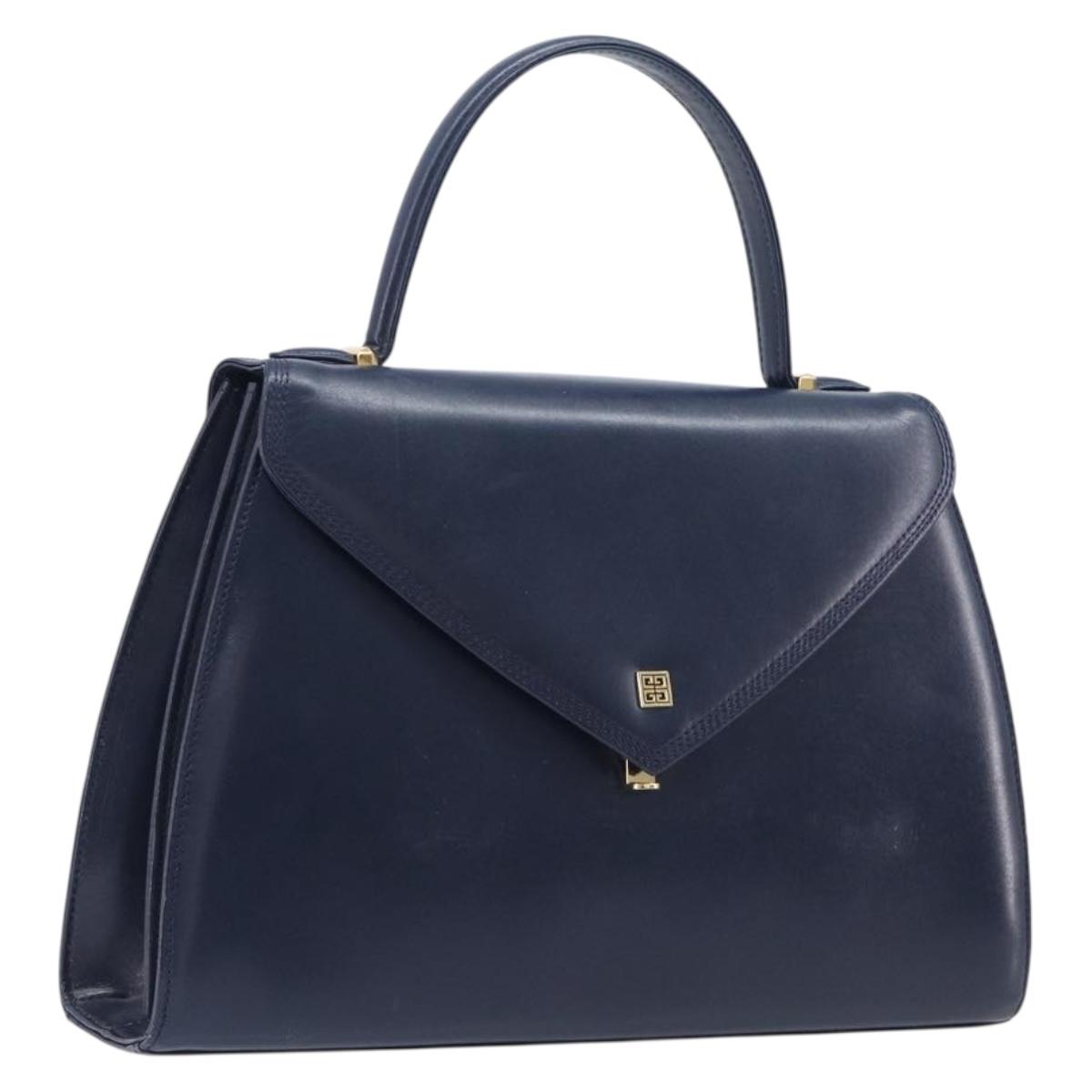 GIVENCHY Hand Bag Leather Navy Gold Tone Auth bs37763