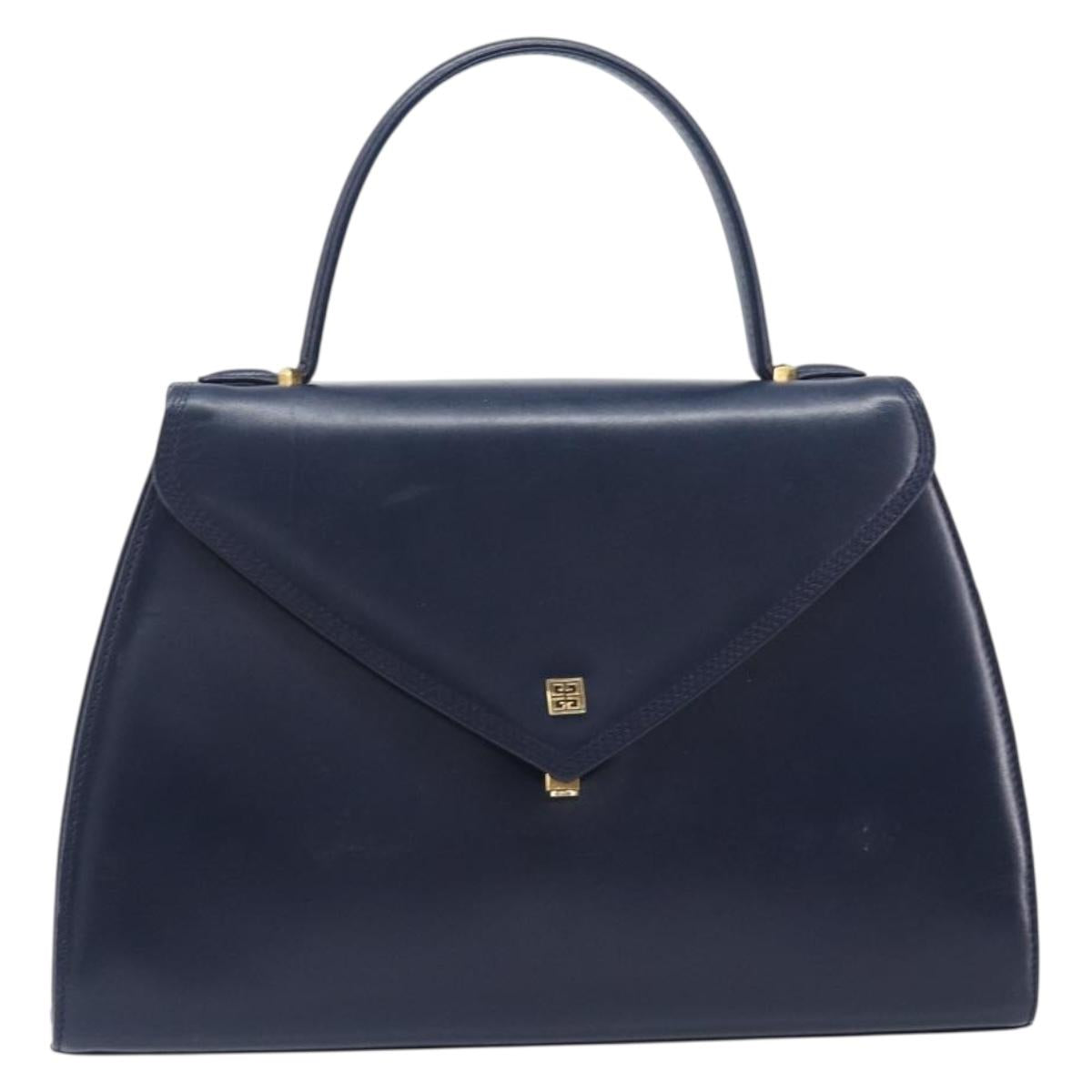 GIVENCHY Hand Bag Leather Navy Gold Tone Auth bs37763