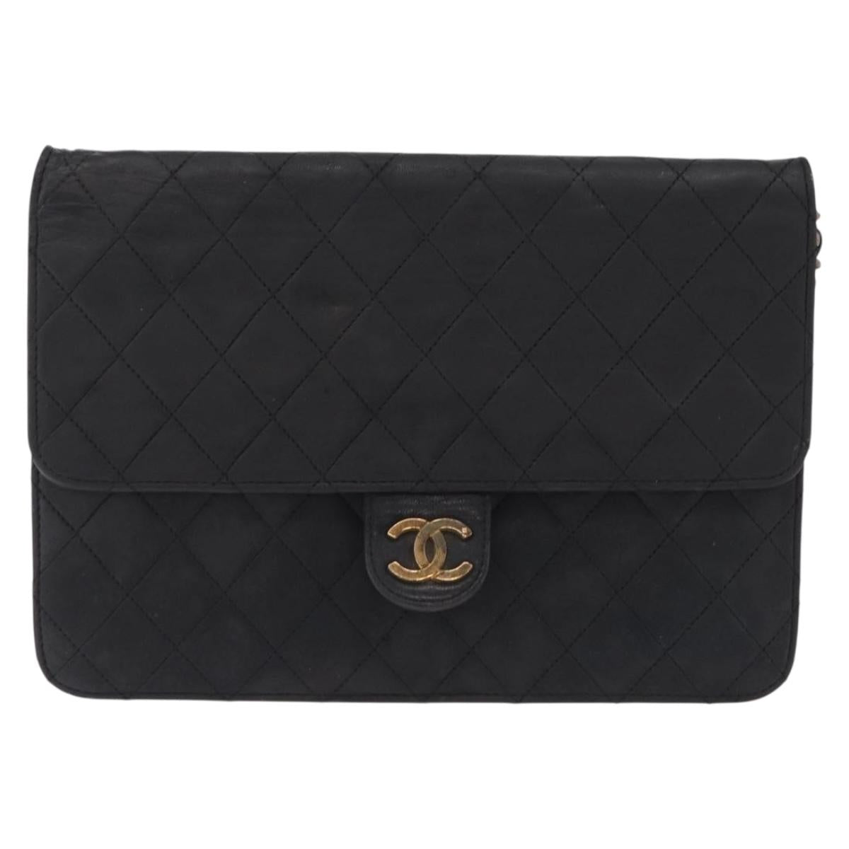 CHANEL Matelasse Chain Shoulder Bag Lamb Skin Black Gold Tone CC Auth bs37785