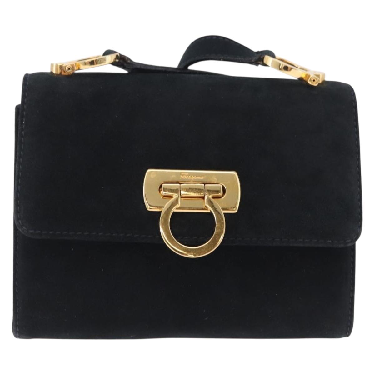 Salvatore Ferragamo Gancini Shoulder Bag Suede Navy Gold Tone Auth bs37795