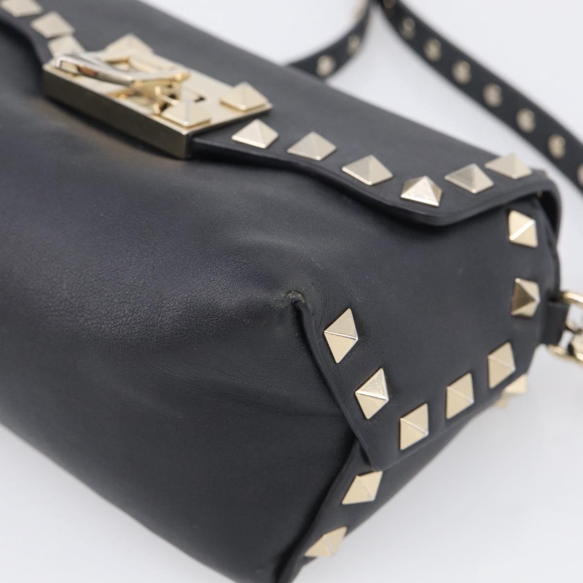Valentino Rock Studs Shoulder Bag Leather Black Gold Tone Auth bs37832