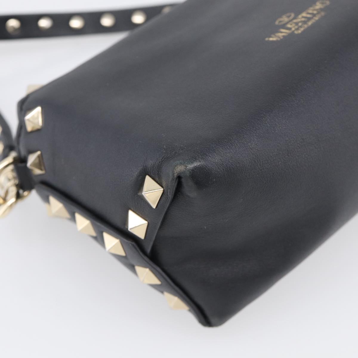 Valentino Rock Studs Shoulder Bag Leather Black Gold Tone Auth bs37832