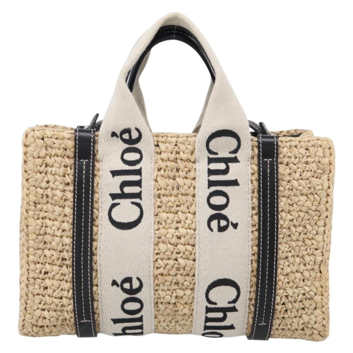 Chloe Woody Hand Bag Raffia 2way Beige Gold Tone Auth bs37833A