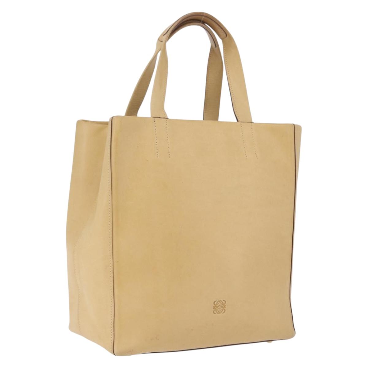 LOEWE Hand Bag Leather Beige Gold Tone Auth bs37840