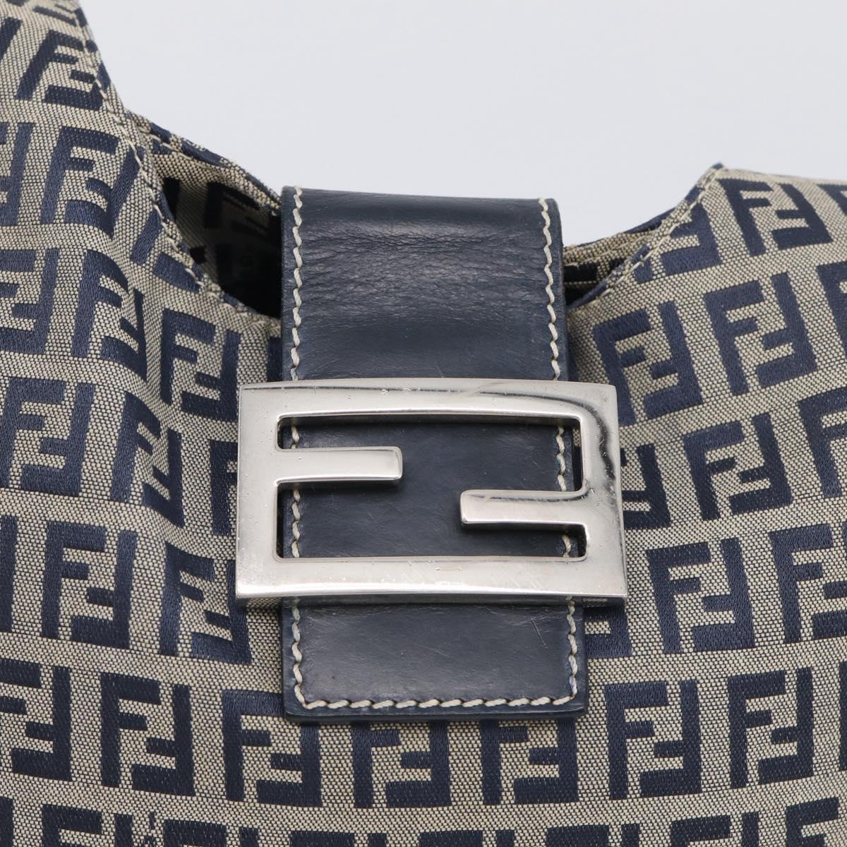 FENDI Zucchino Canvas Mamma Baguette Shoulder Bag Navy Silver Auth bs37841A