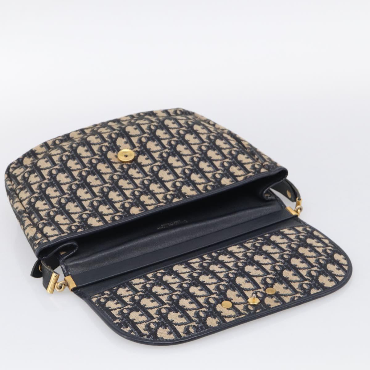 Christian Dior Trotter Canvas Shoulder Bag Navy Gold Tone Auth bs37860