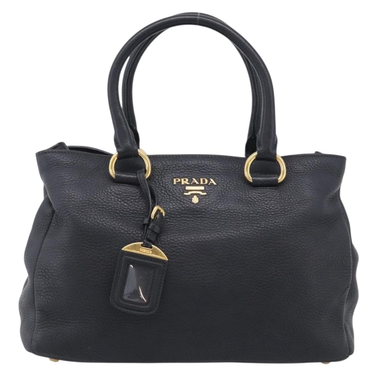 PRADA Hand Bag Leather Black Gold Tone Auth bs37863