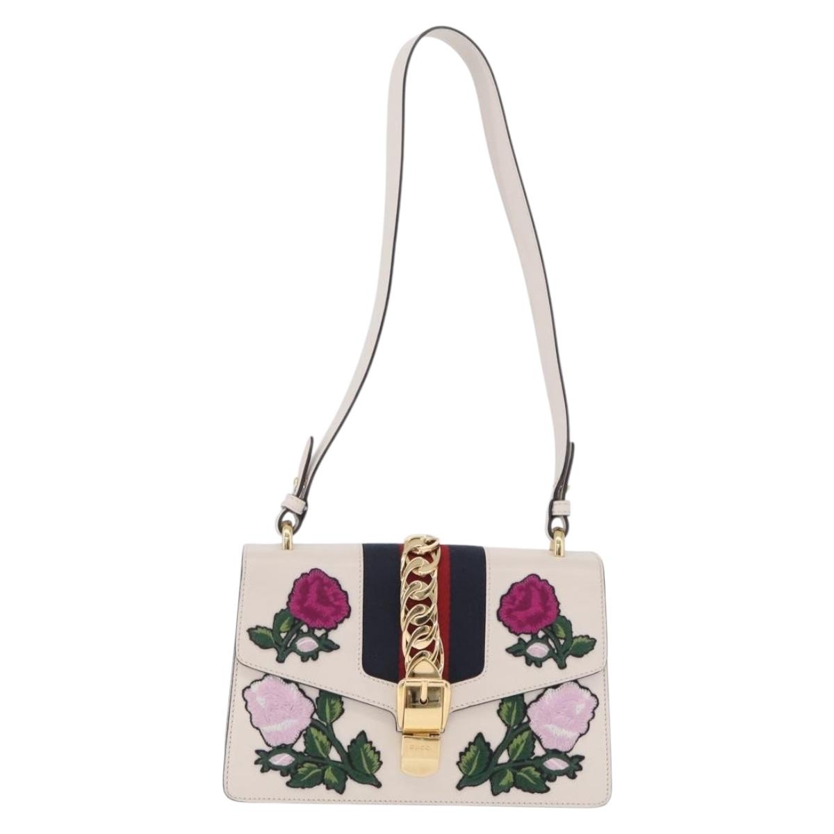 GUCCI Silvi Shoulder Bag Leather White Gold Tone 421882 Auth bs37879A