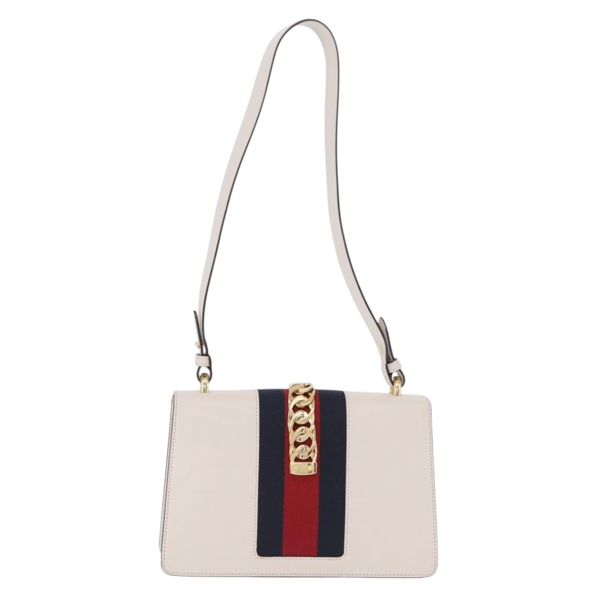 GUCCI Silvi Shoulder Bag Leather White Gold Tone 421882 Auth bs37879A