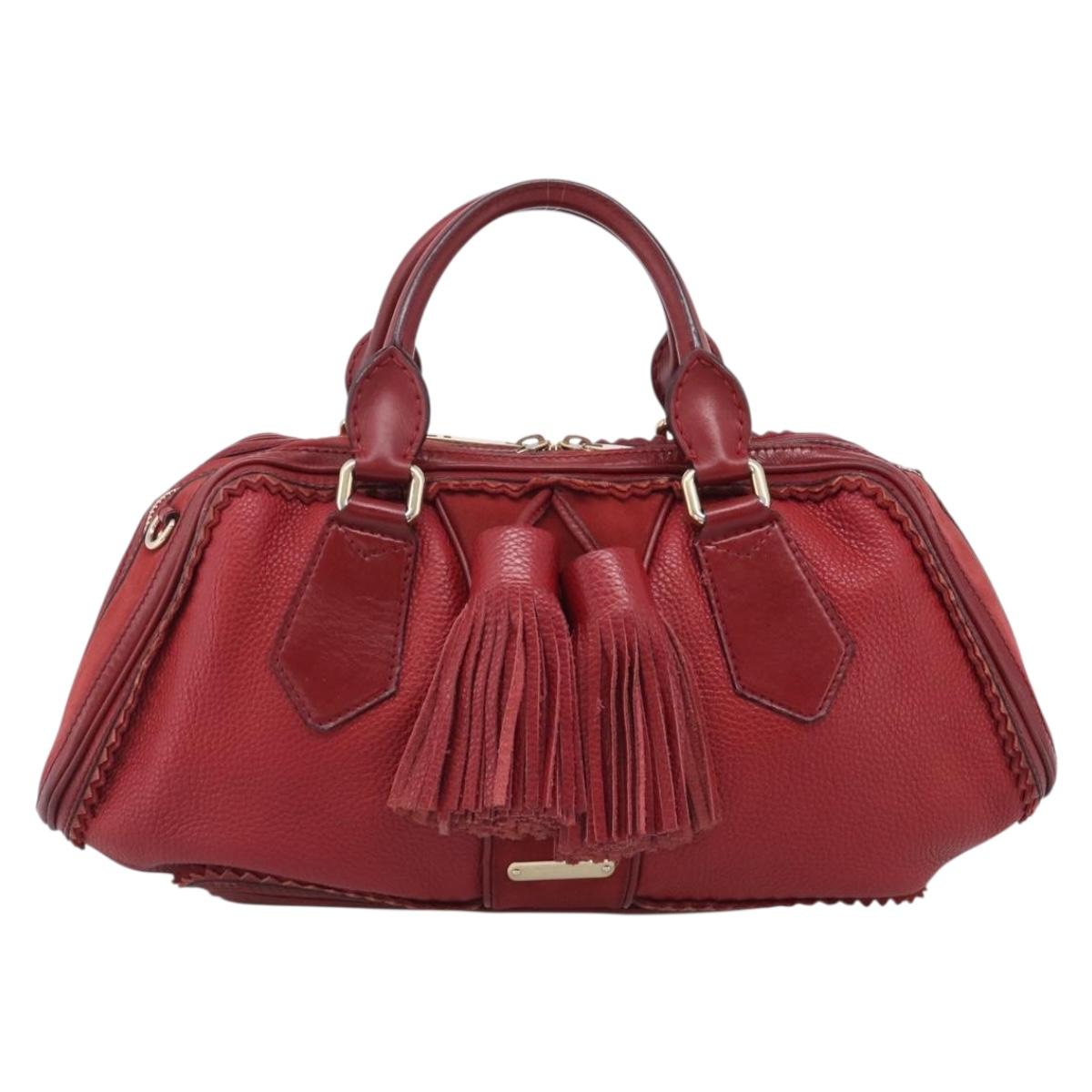 BURBERRY Boston Bag Leather Red Gold Tone Auth bs37894