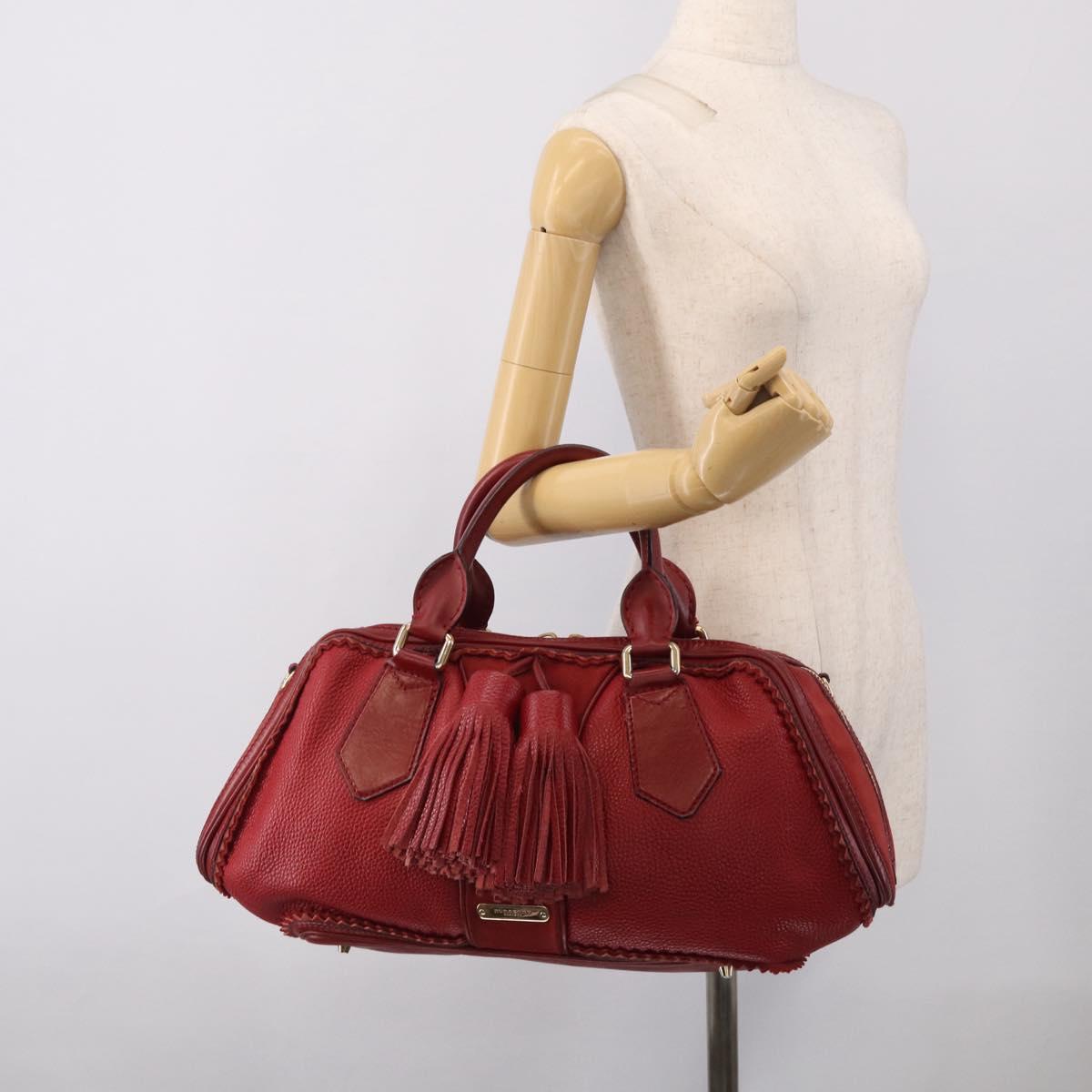 BURBERRY Boston Bag Leather Red Gold Tone Auth bs37894