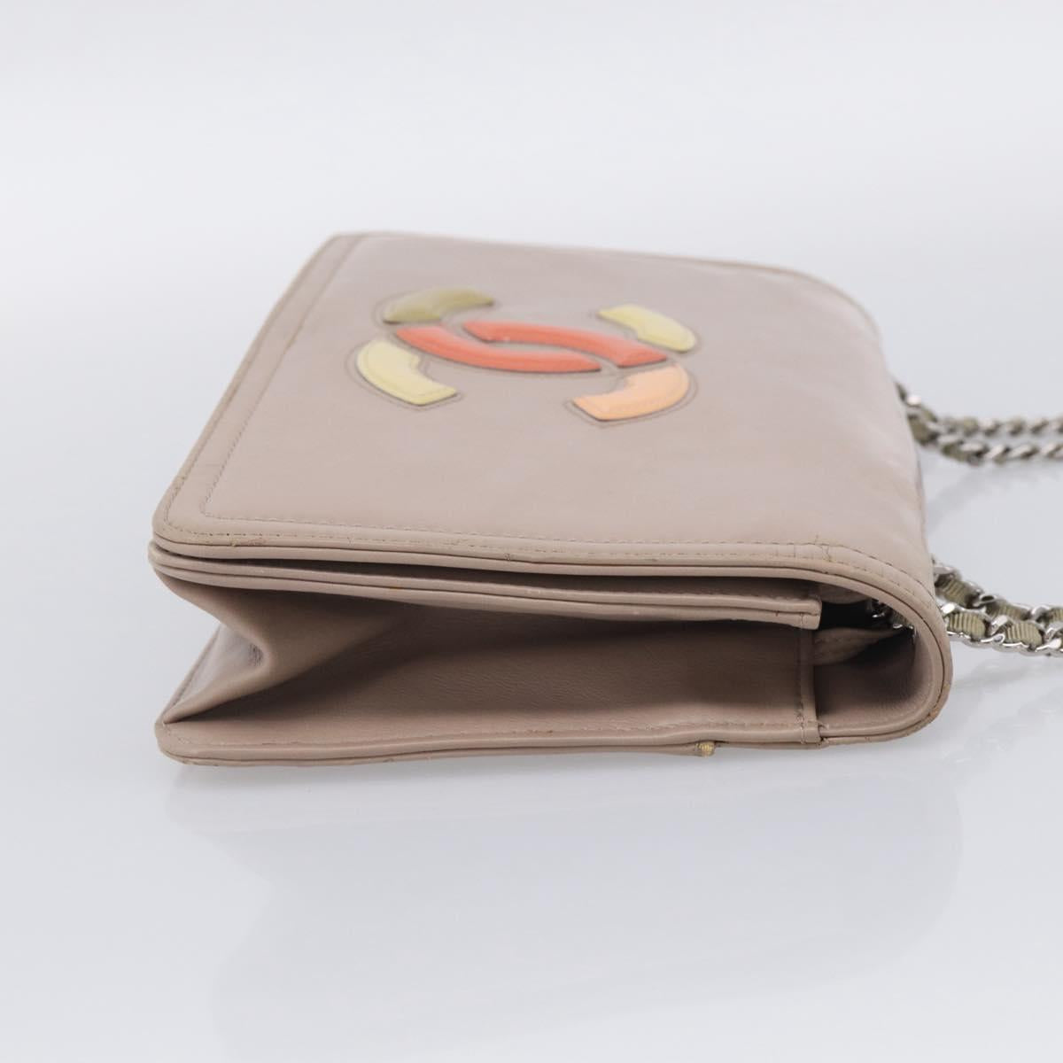 CHANEL Chain Shoulder Bag Patent Beige Silver CC Auth bs37895