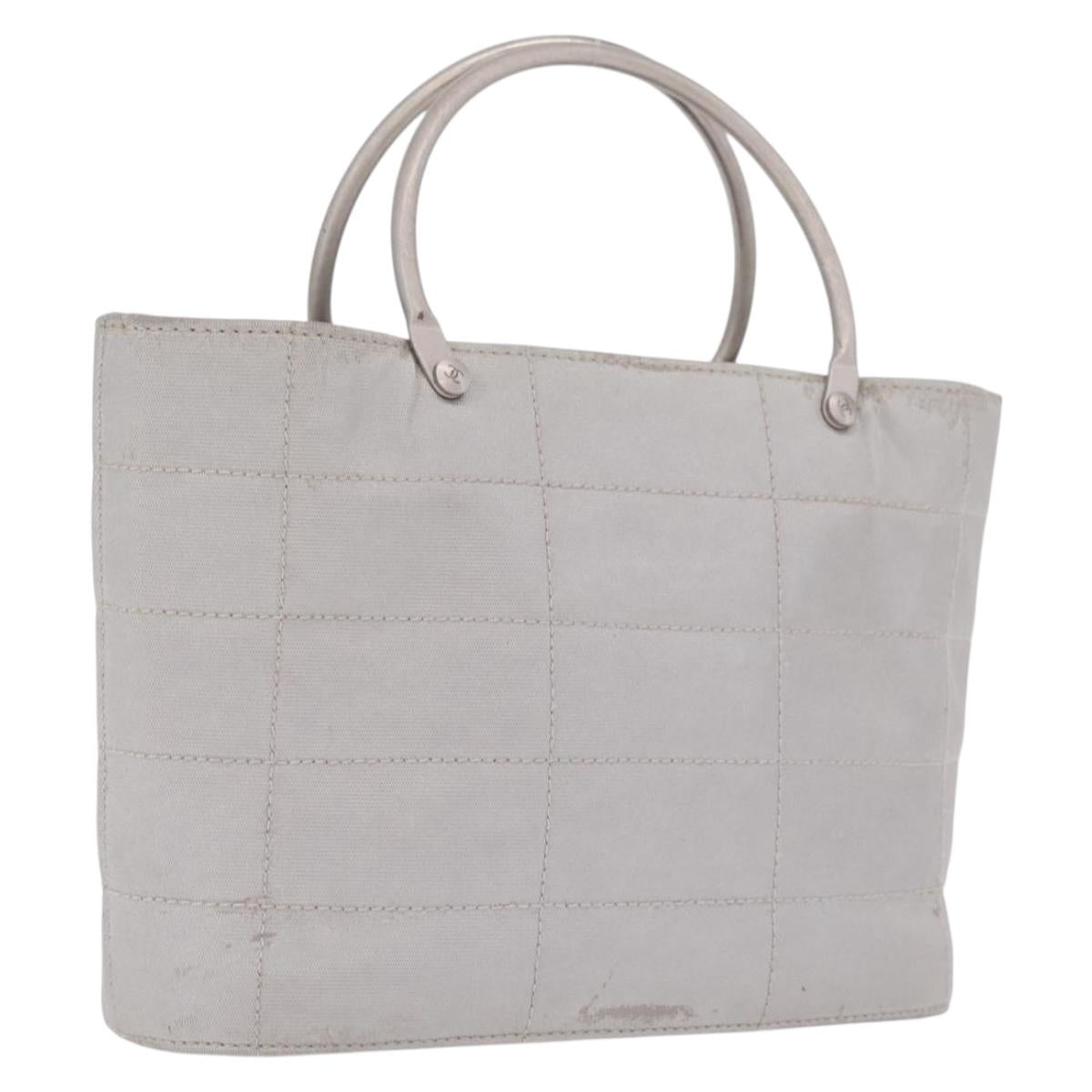 CHANEL Choco Bar Hand Bag Nylon Gray Silver CC Auth bs37919