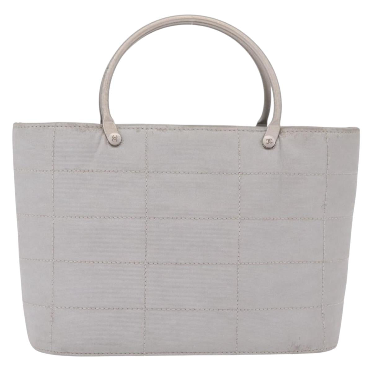 CHANEL Choco Bar Hand Bag Nylon Gray Silver CC Auth bs37919
