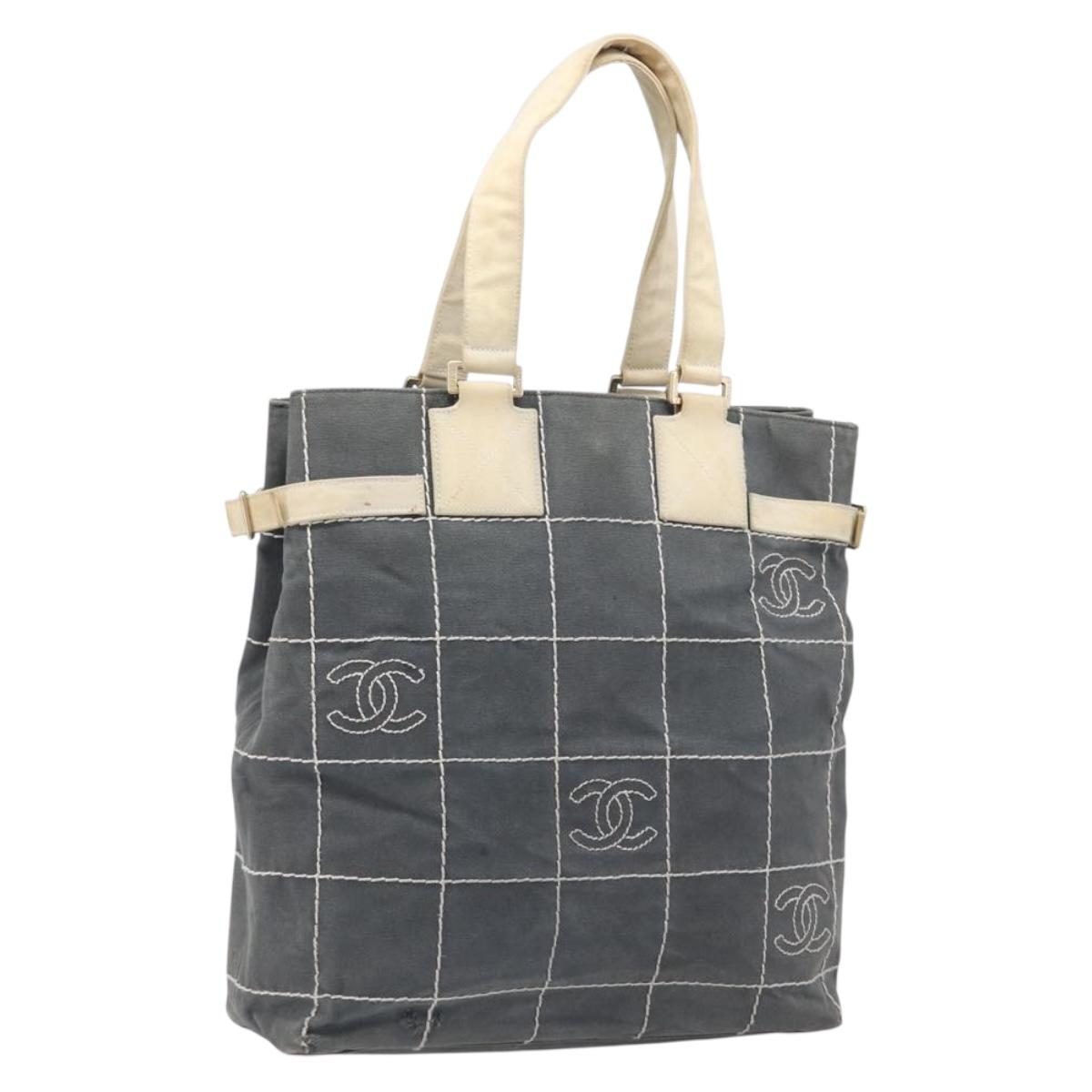 CHANEL Choco Bar Tote Bag Canvas Gray Gold CC Auth bs37923