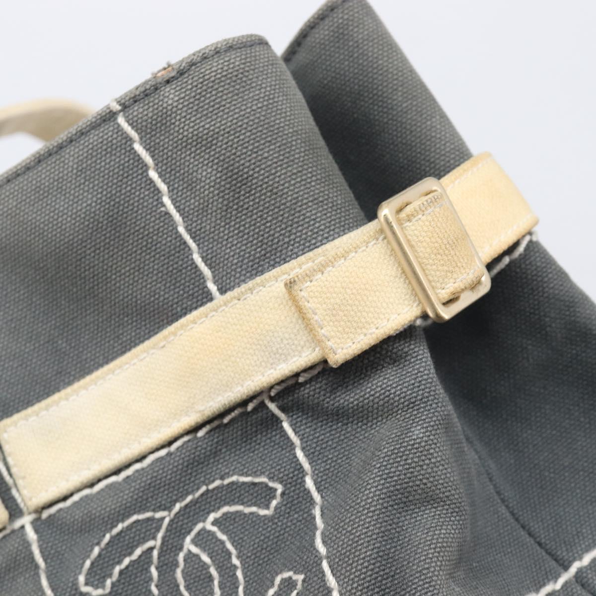 CHANEL Choco Bar Tote Bag Canvas Gray Gold CC Auth bs37923