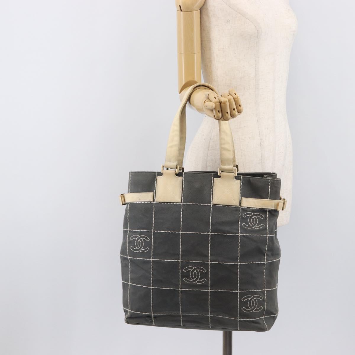 CHANEL Choco Bar Tote Bag Canvas Gray Gold CC Auth bs37923