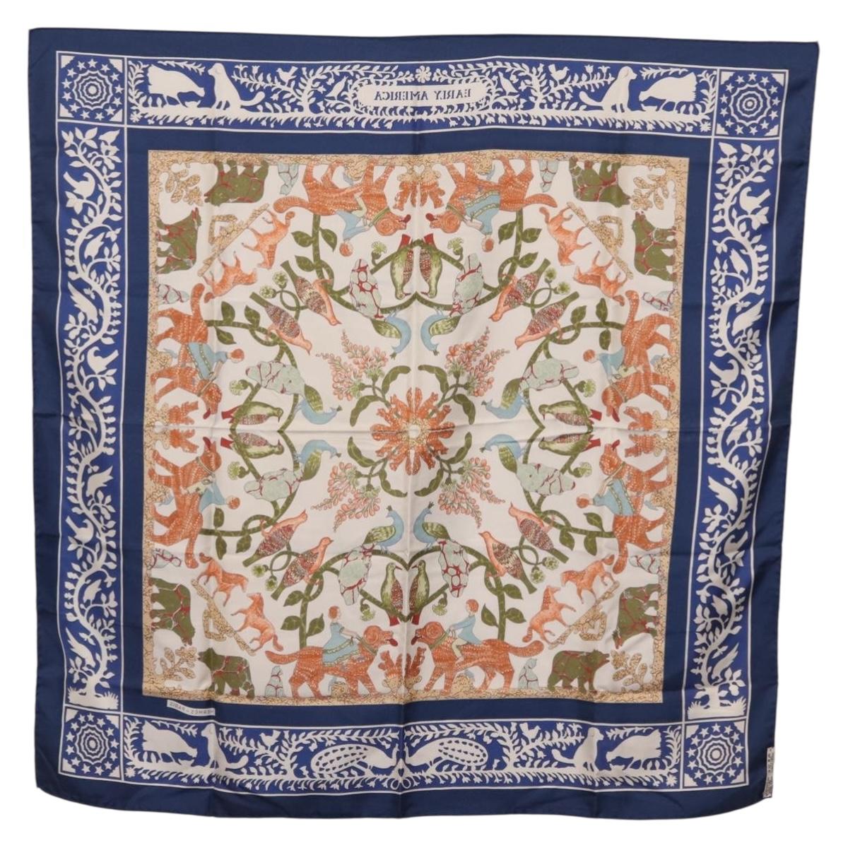 HERMES Carre 90 Scarf ""EARLY AMERICA"" Silk Blue Auth bs37948