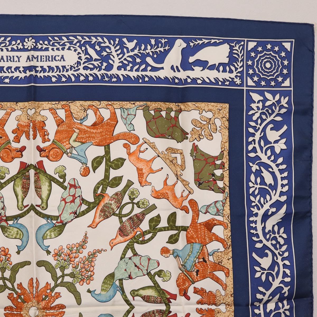 HERMES Carre 90 Scarf ""EARLY AMERICA"" Silk Blue Auth bs37948