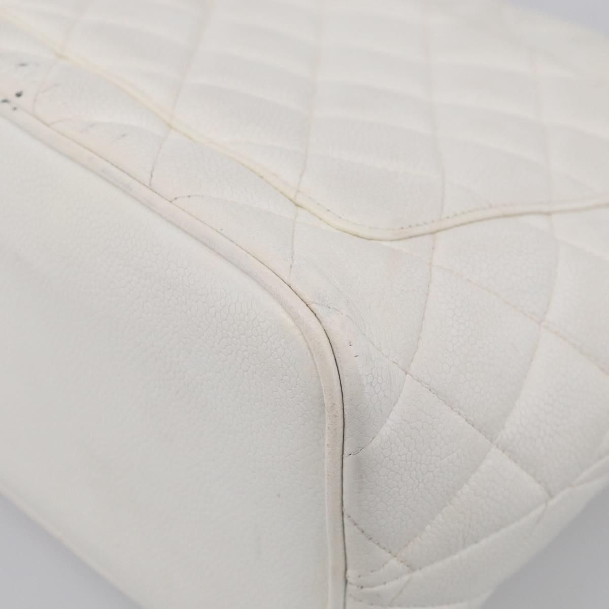 CHANEL Standard Tote Bag Caviar Skin White Gold Tone CC Auth bs37961