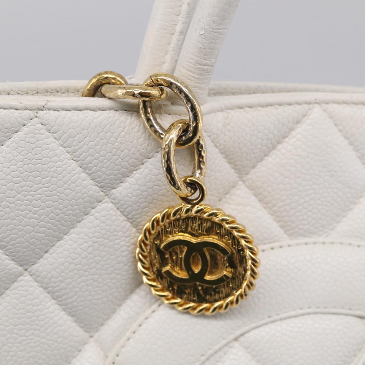 CHANEL Standard Tote Bag Caviar Skin White Gold Tone CC Auth bs37961