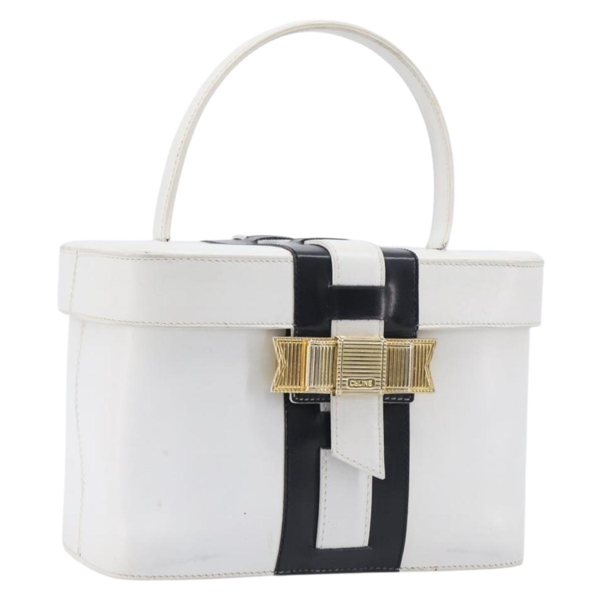 CELINE Vanity Hand Bag Leather White Gold Tone Auth bs37980