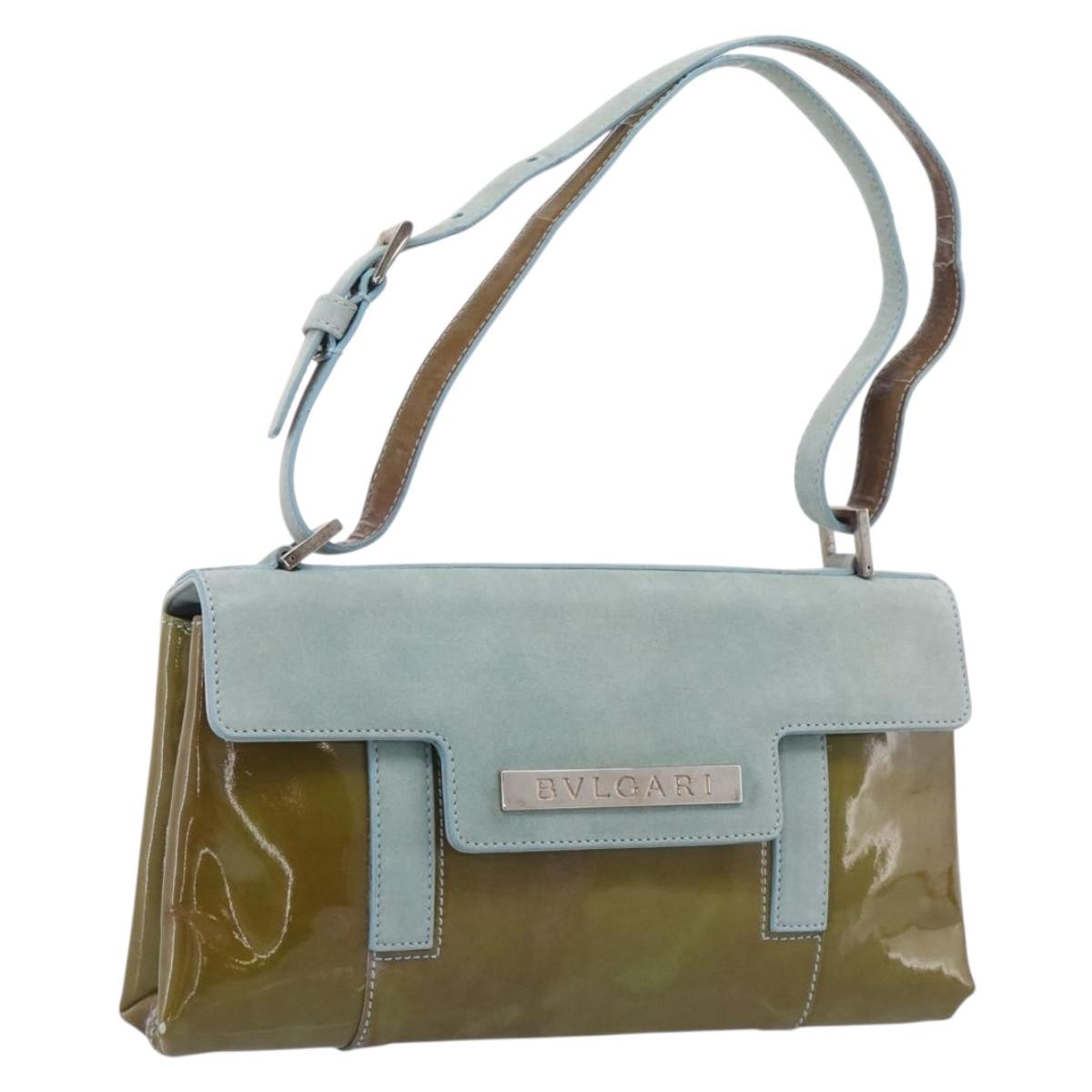 BVLGARI Hand Bag Patent Light Blue Silver Auth bs37982
