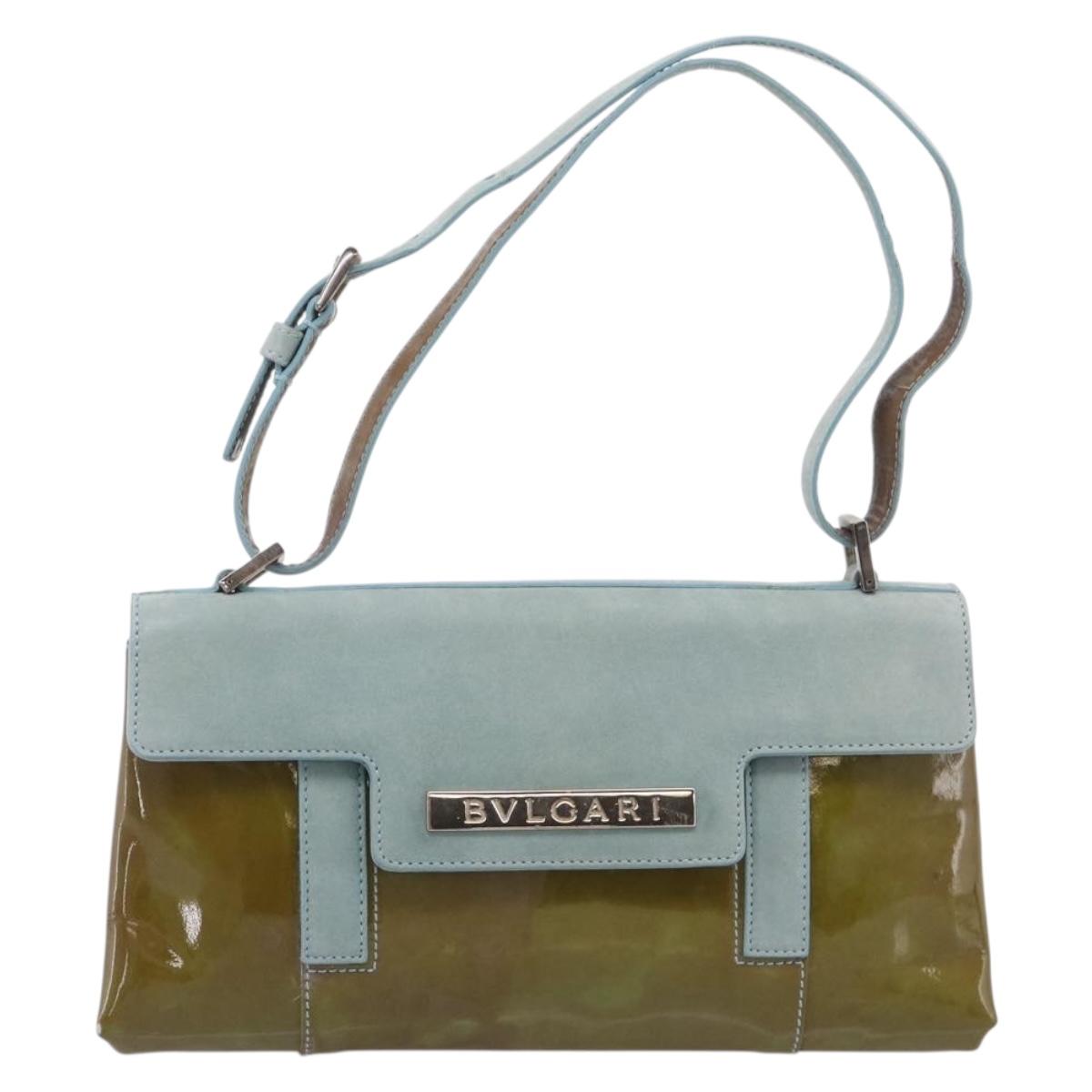 BVLGARI Hand Bag Patent Light Blue Silver Auth bs37982