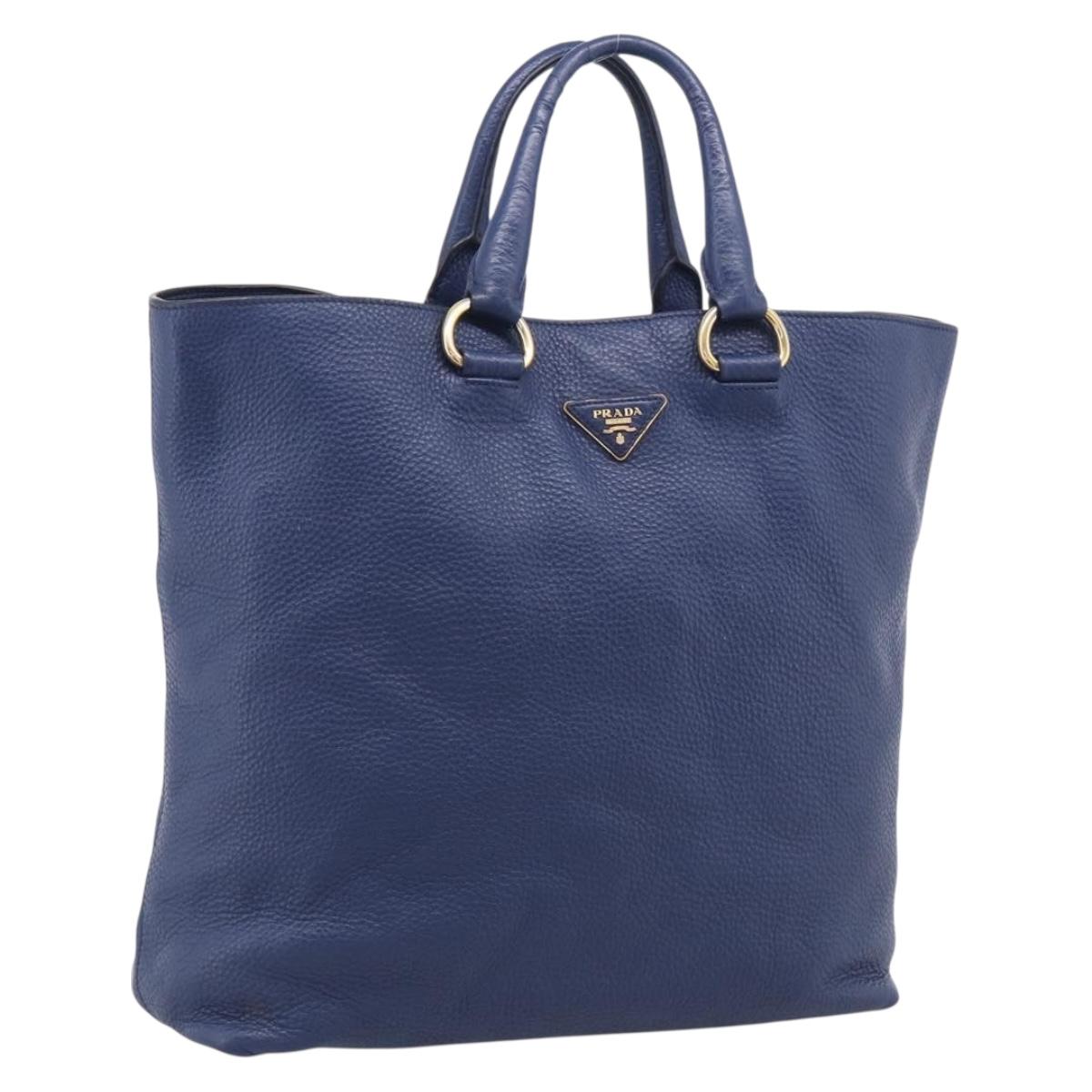 PRADA Hand Bag Leather Blue Gold Tone Auth bs37985
