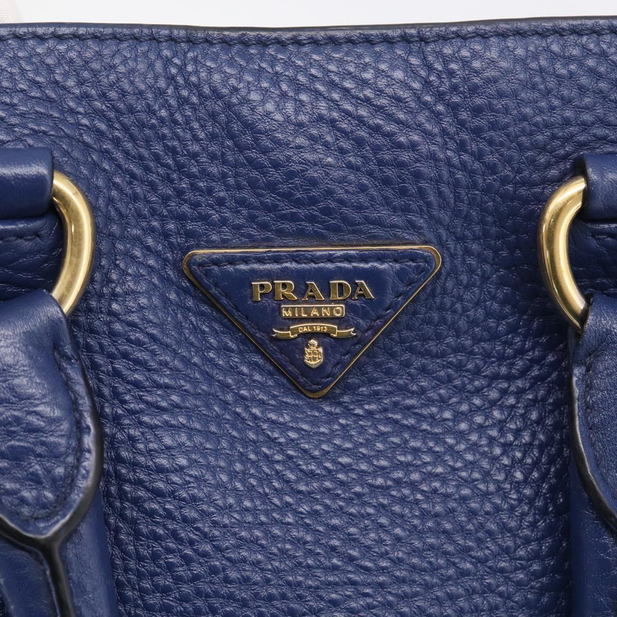 PRADA Hand Bag Leather Blue Gold Tone Auth bs37985