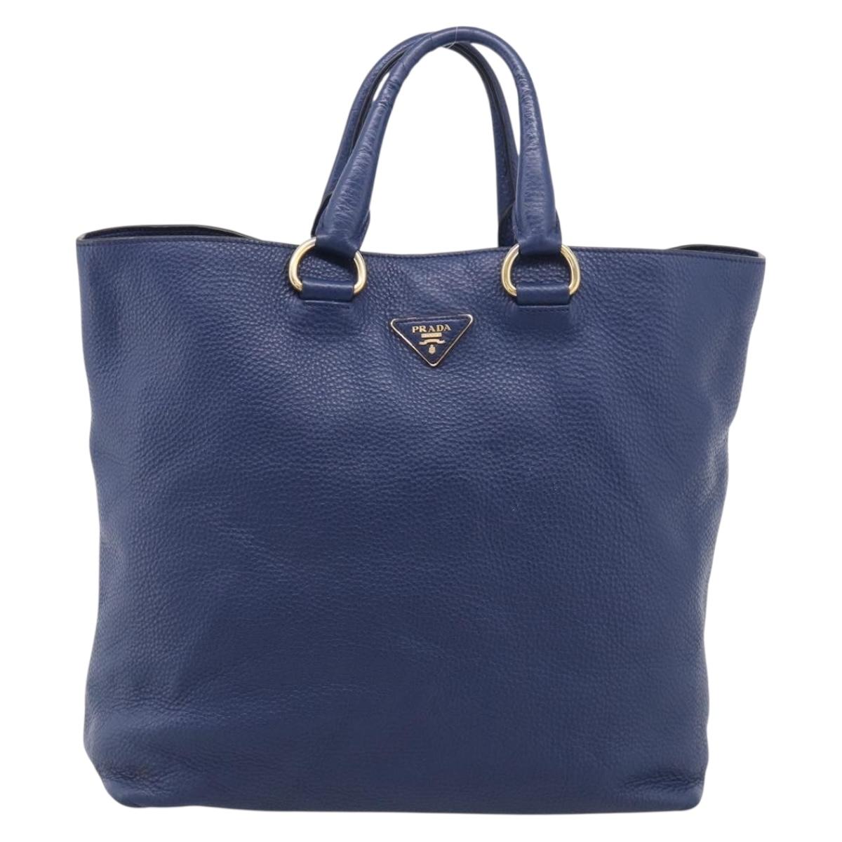 PRADA Hand Bag Leather Blue Gold Tone Auth bs37985