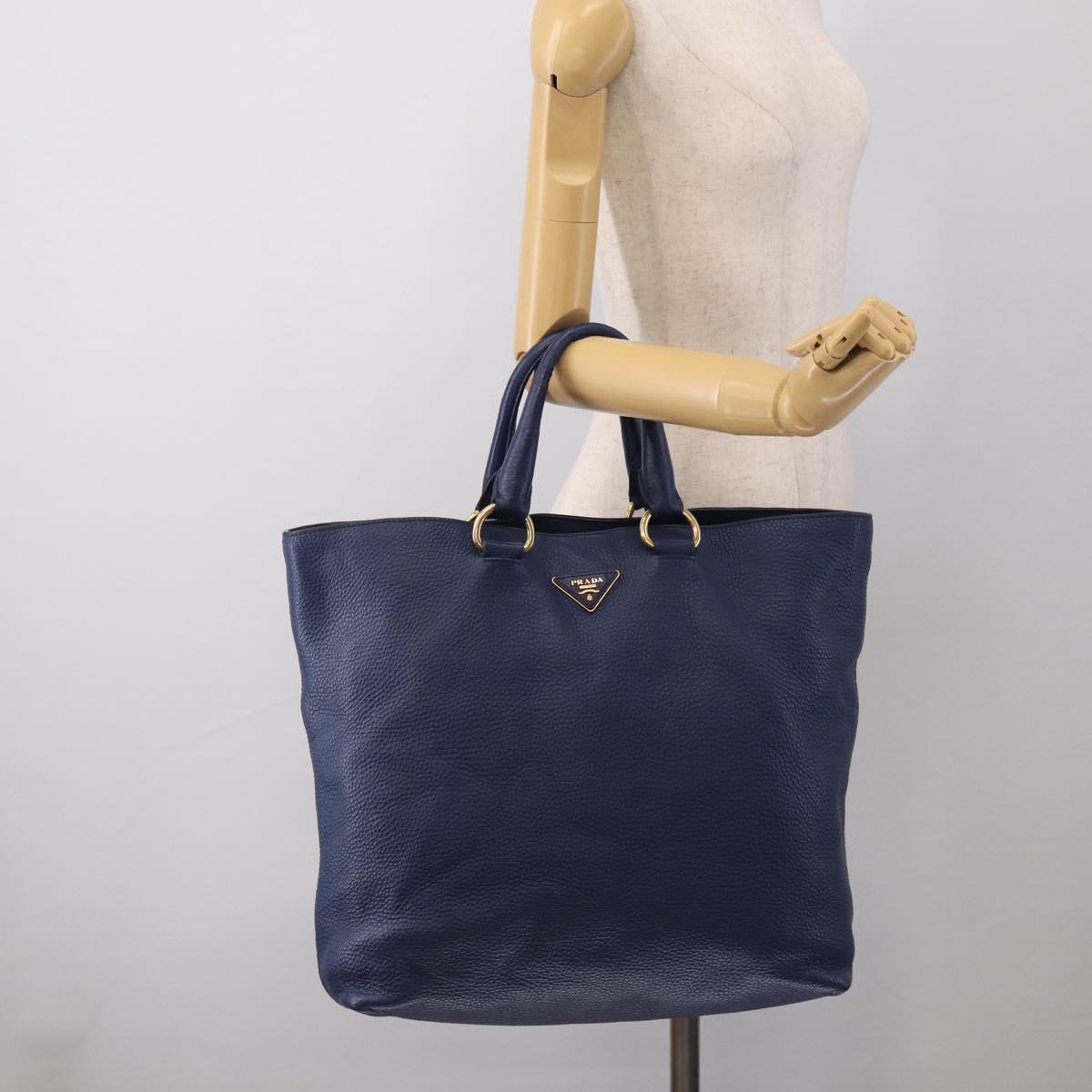 PRADA Hand Bag Leather Blue Gold Tone Auth bs37985
