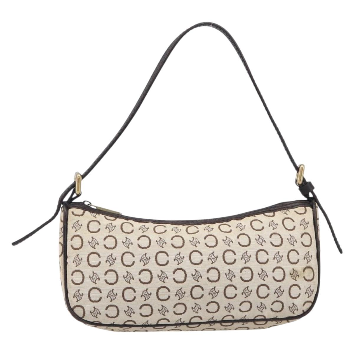 CELINE C Macadam Hand Bag Canvas White Gold Tone Auth bs38002