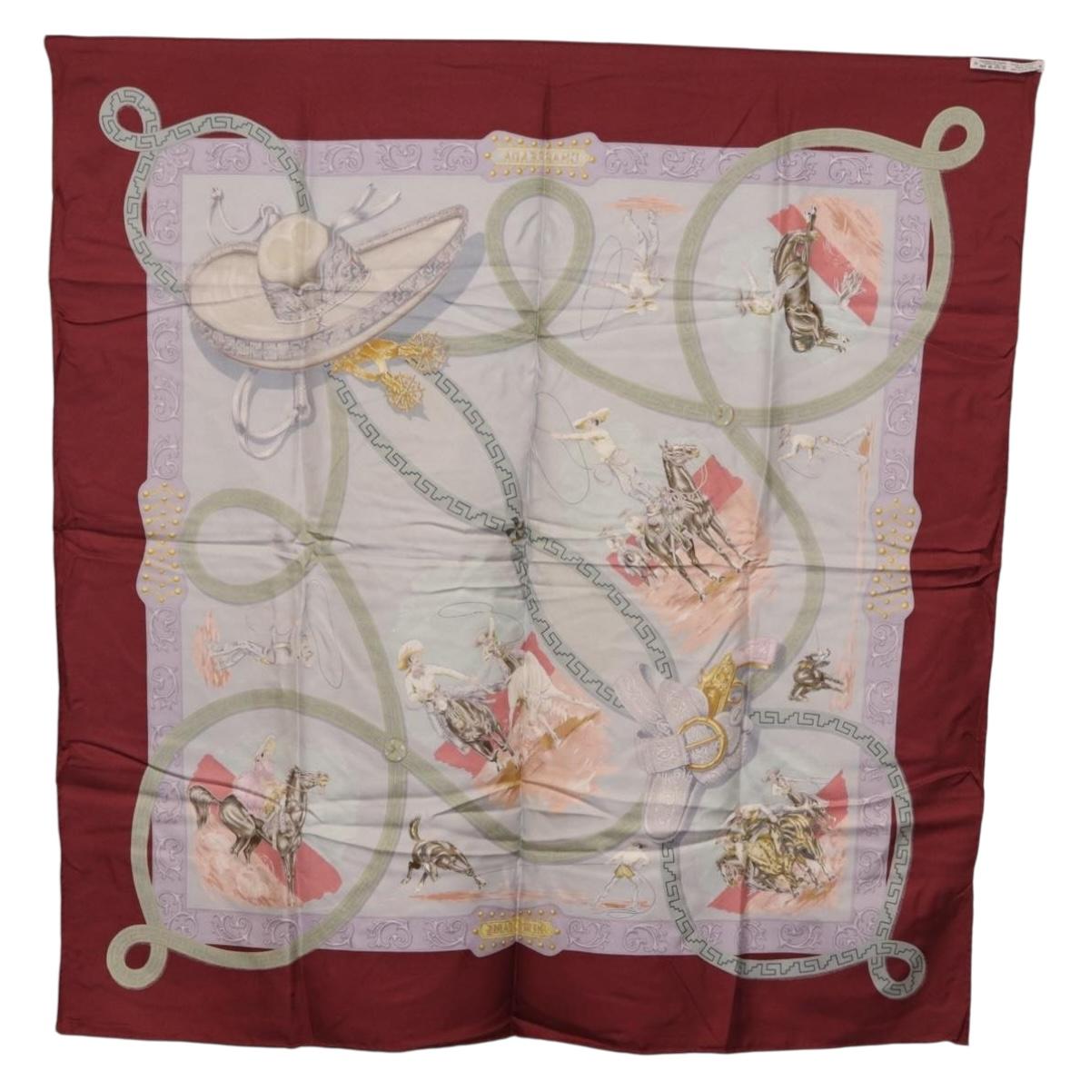 HERMES Carre90 Scarf Silk Bordeaux Light Blue ""CHARREADA"" Auth bs38024
