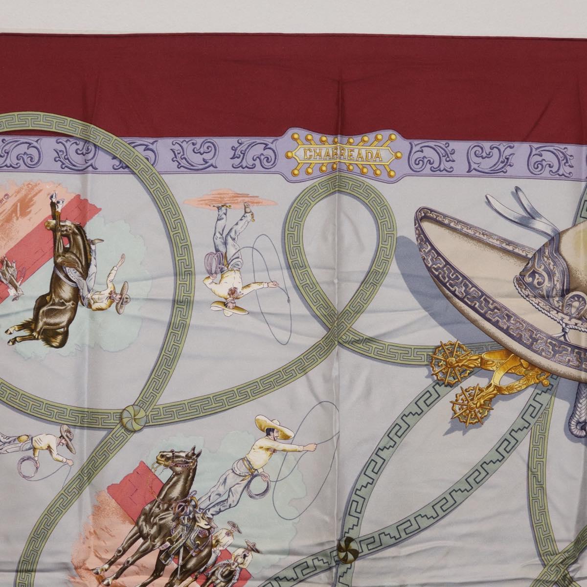 HERMES Carre90 Scarf Silk Bordeaux Light Blue ""CHARREADA"" Auth bs38024