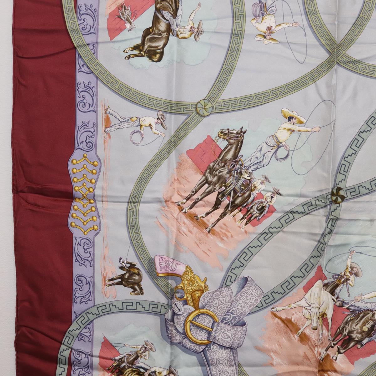 HERMES Carre90 Scarf Silk Bordeaux Light Blue ""CHARREADA"" Auth bs38024