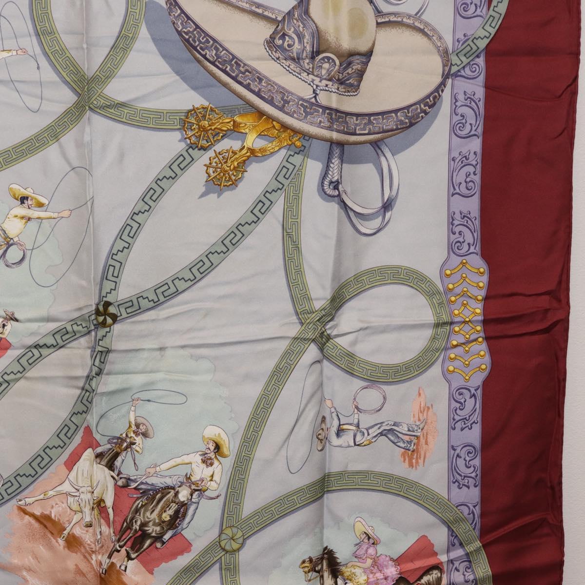 HERMES Carre90 Scarf Silk Bordeaux Light Blue ""CHARREADA"" Auth bs38024