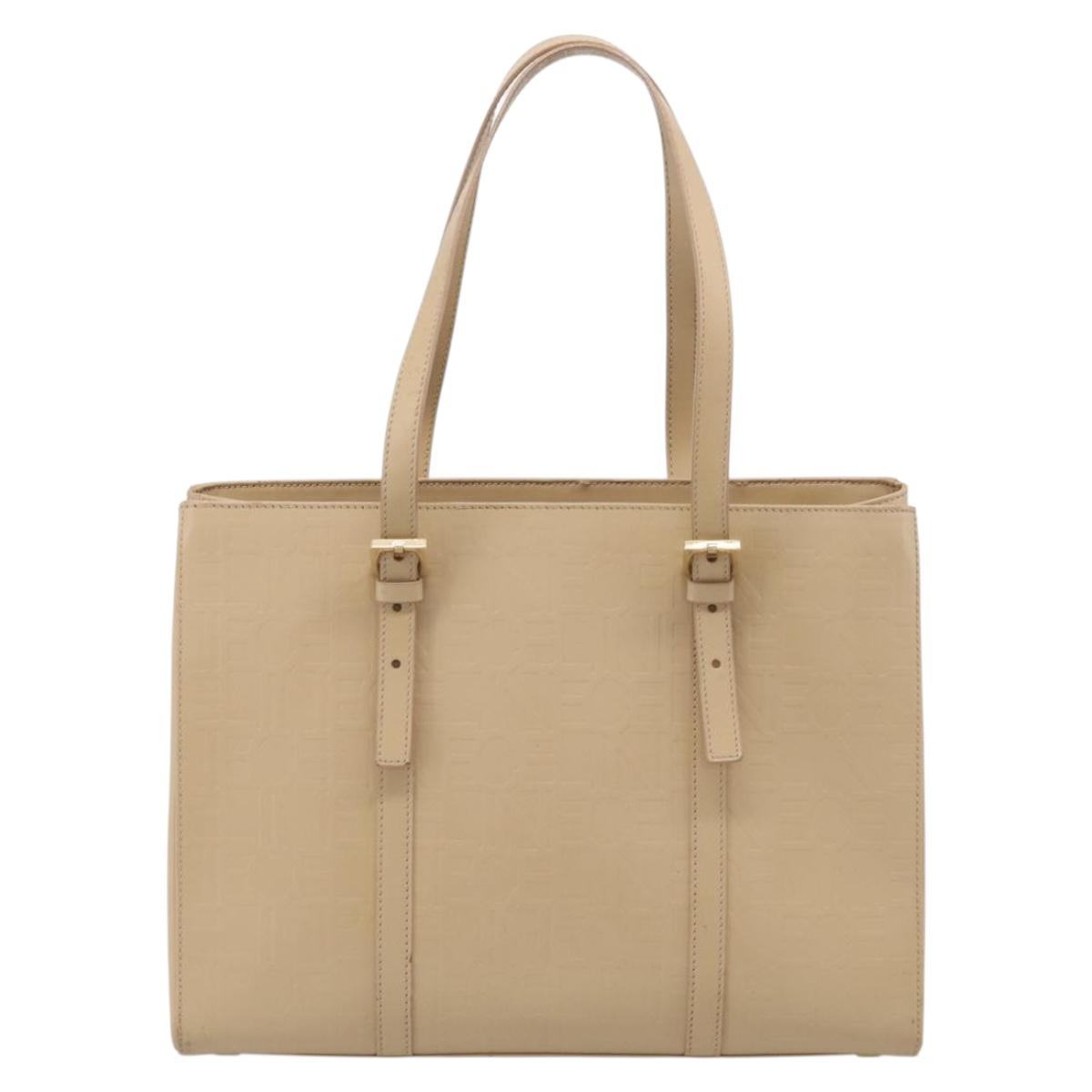 CELINE Tote Bag Leather Beige Gold Auth bs38036