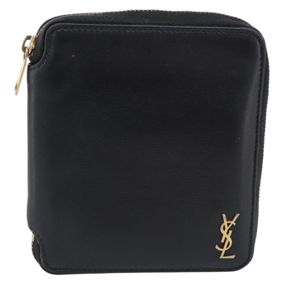 Saint Laurent Compact Full Zip Wallet Leather Black Gold Auth bs38045