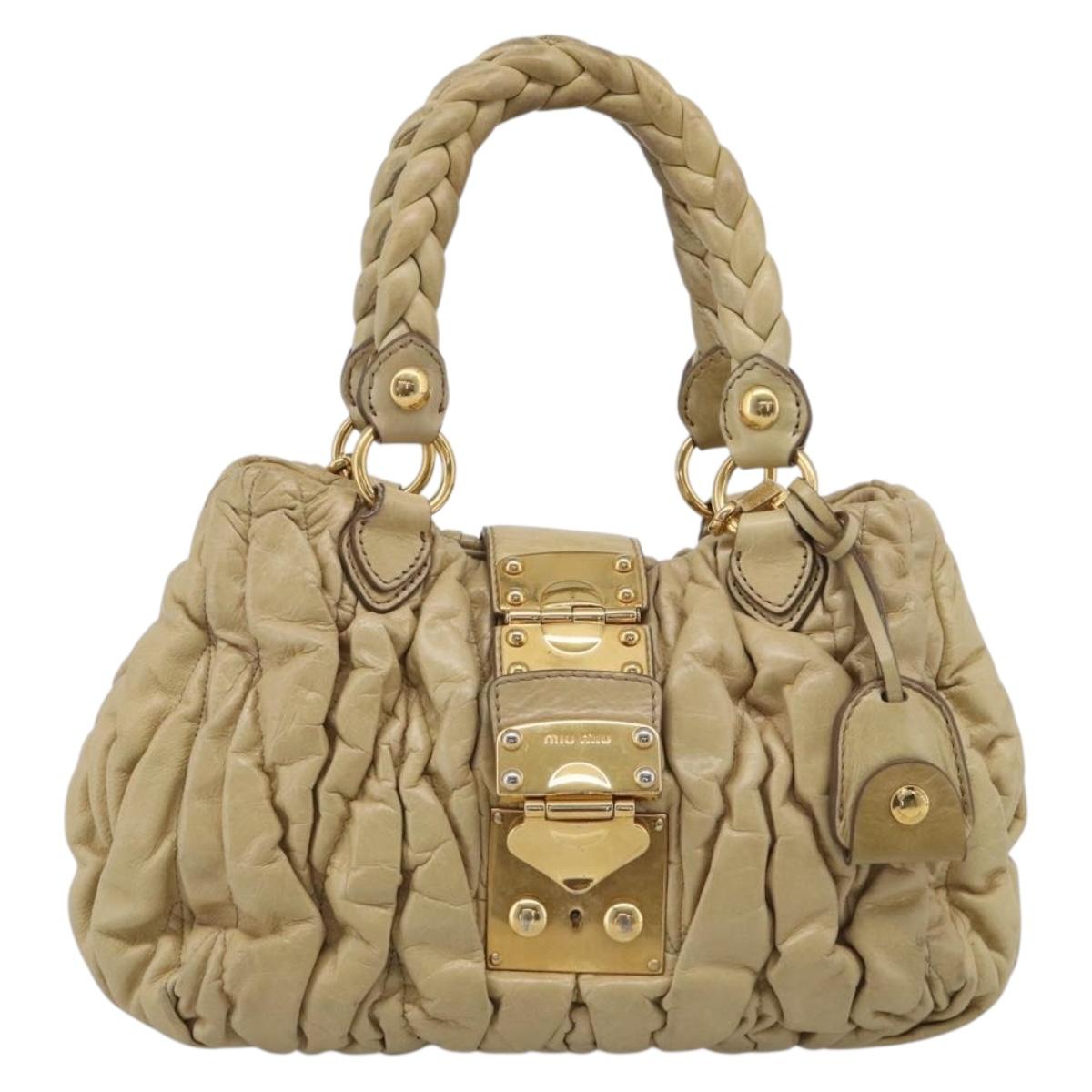 Miu Miu Matelasse Hand Bag Leather 2way Beige Gold Auth bs38051
