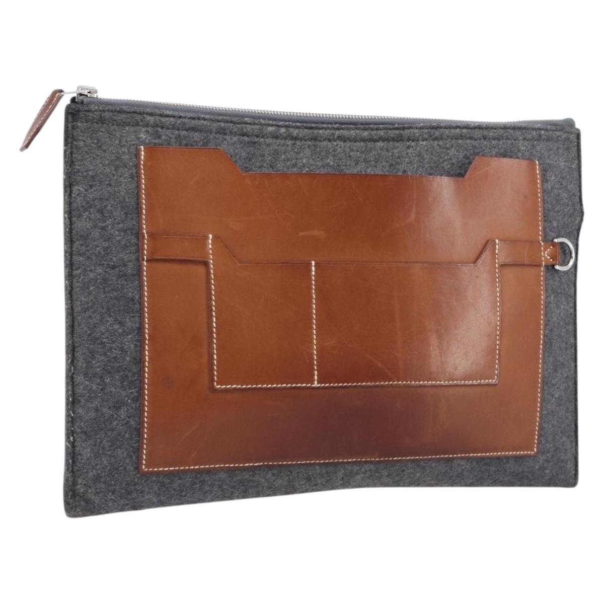 HERMES Toudou Clutch Bag Felt Gray Silver Auth bs38053