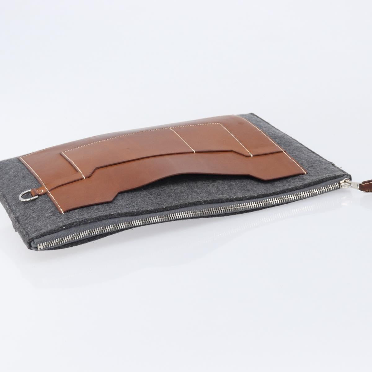 HERMES Toudou Clutch Bag Felt Gray Silver Auth bs38053