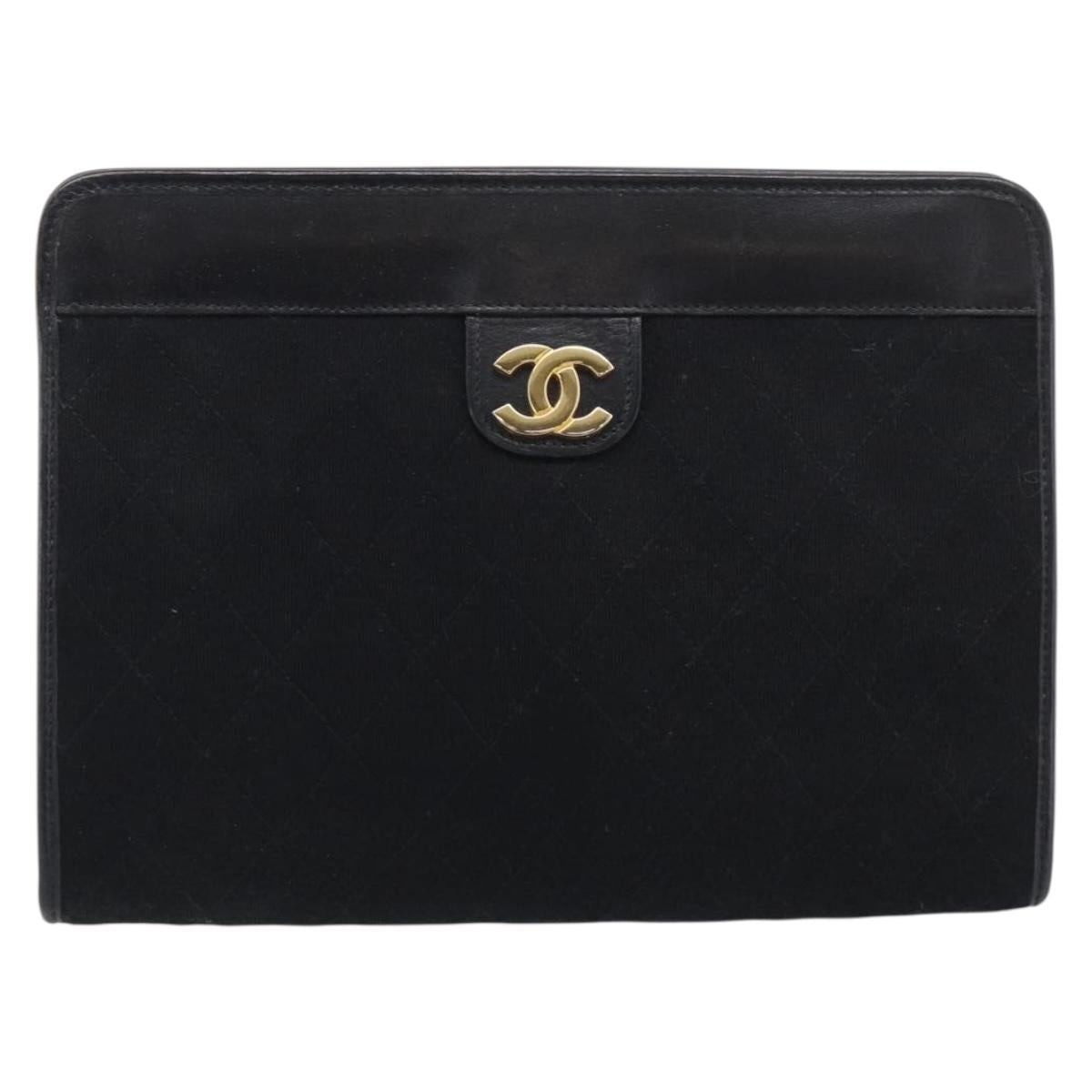 CHANEL Matelasse Clutch Bag Cotton Black Gold CC Auth bs38064
