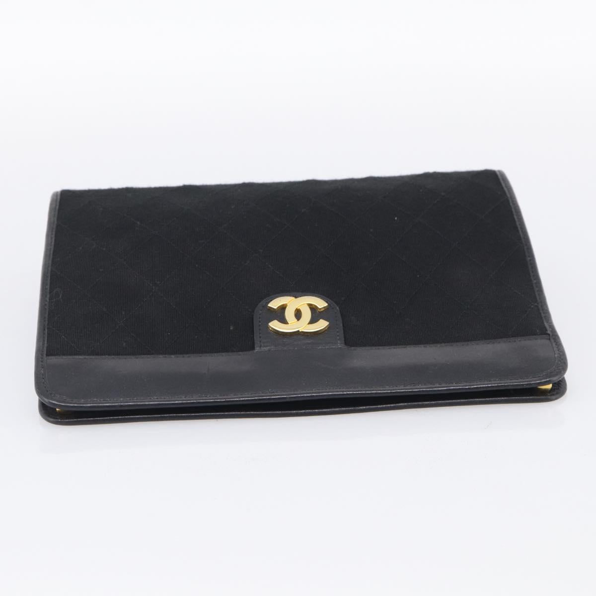 CHANEL Matelasse Clutch Bag Cotton Black Gold CC Auth bs38064