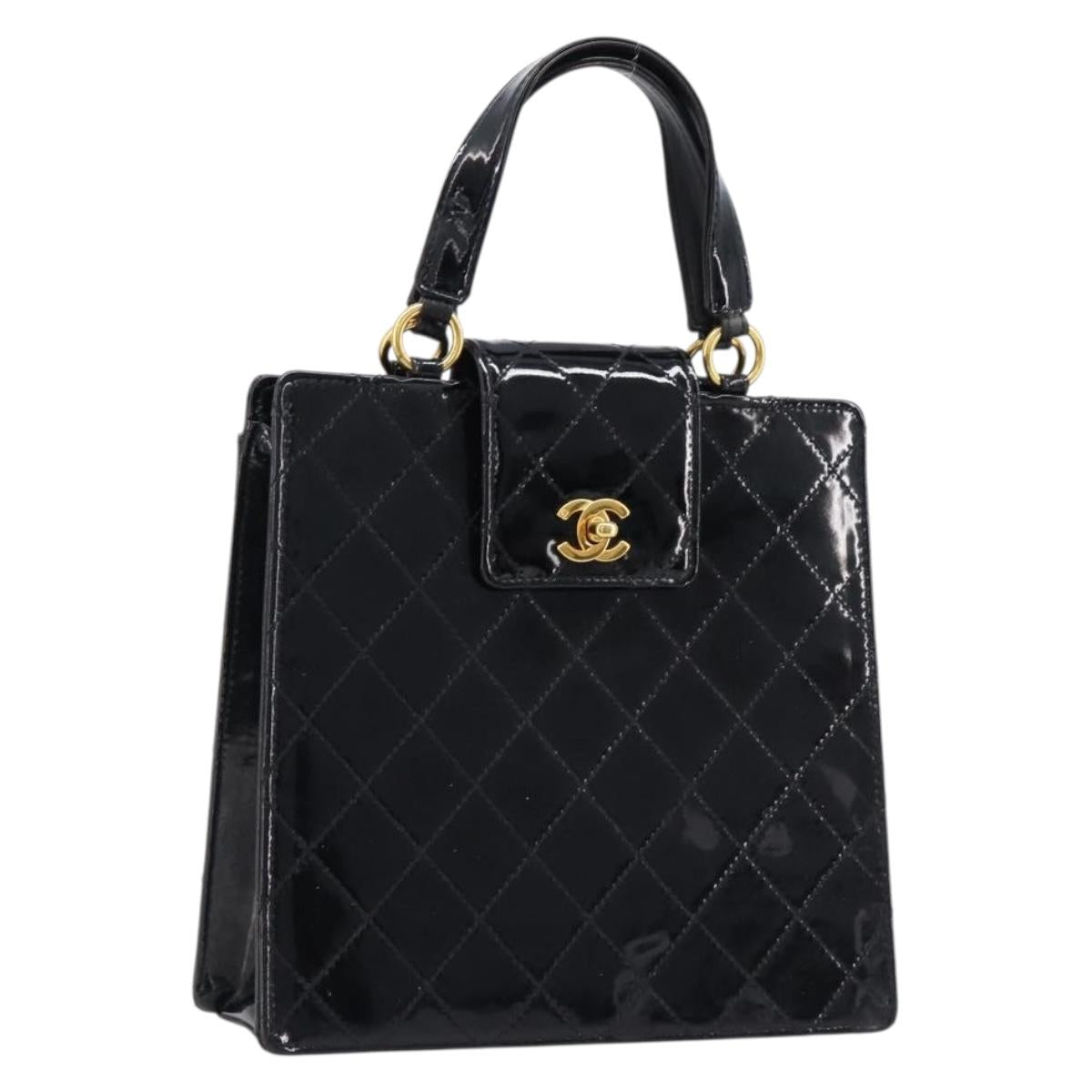 CHANEL Matelasse Hand Bag Patent Leather Black Gold CC Auth bs38065
